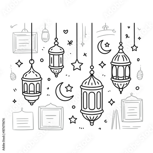 Lunar Lanterns: Intricate line art depicts a collection of traditional lanterns, crescent moons, and stars, celebrating a cultural event.