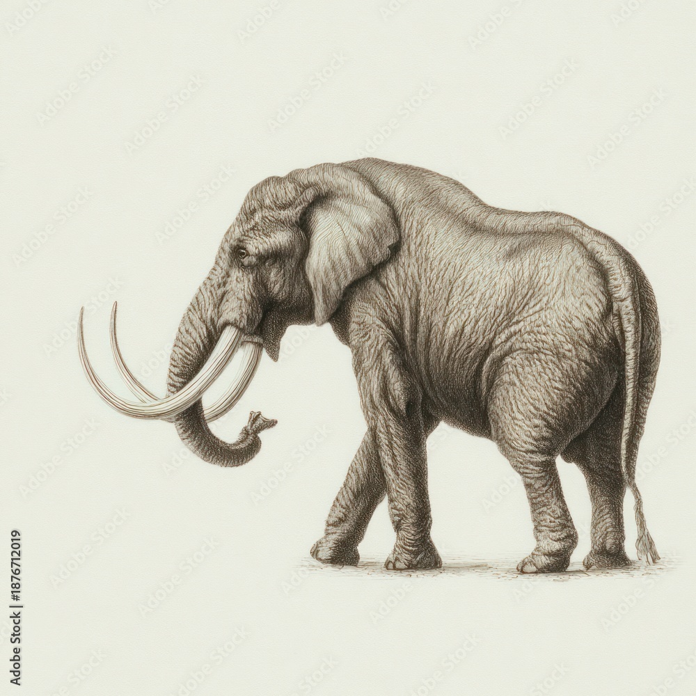 Obraz premium Sepia-toned illustration depicts a prehistoric elephant-like creature walking right