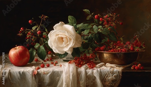 Still life of white rose red apple and red currants in bowl