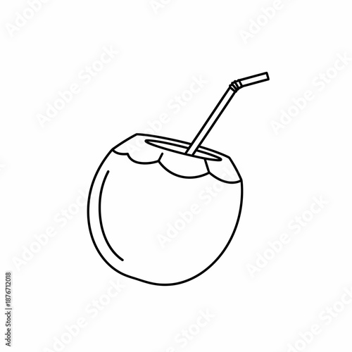 Simple black and white line art drawing of a fresh young coconut drink with a straw, ready for tropical refreshment.