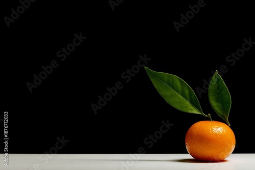 Tangerine with Green Leaves on White Surface and Black Background
