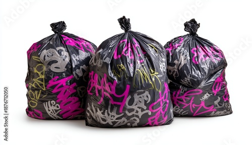 Three Black Trash Bags Covered in Colorful Graffiti