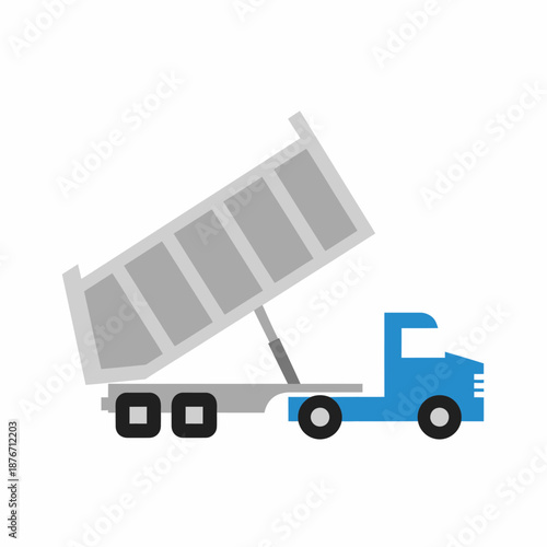 Flat design illustration of a blue dump truck with its bed raised, ready to unload material on a white background.