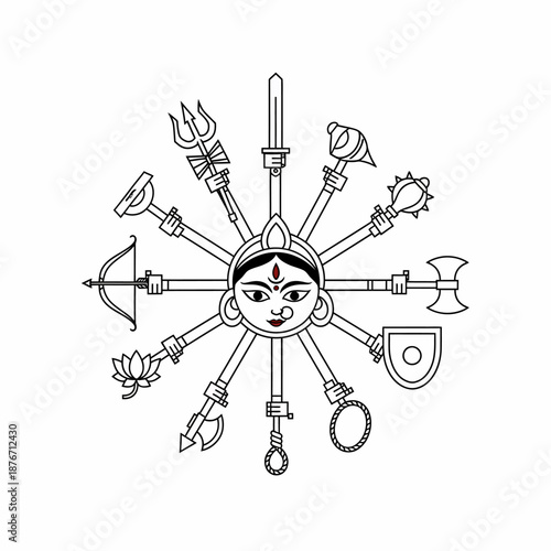 Minimalist line art illustration of Hindu goddess Durga with ten arms holding various traditional weapons and symbolic objects in a circular arrangement.