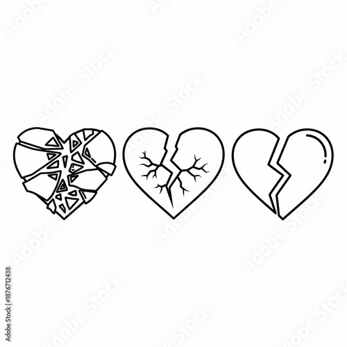 Three outline illustrations of broken hearts, showing different stages and types of damage, symbolizing heartbreak and emotional pain.
