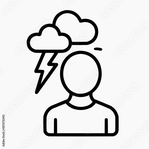 Line icon of a person with layered clouds and lightning — dramatic effect, black on white, square minimalist style