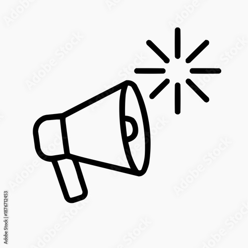Line icon of a megaphone with spark — impactful message, black on white, square minimalist style
