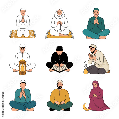 Devotion and Reflection: A collection of figures in prayer, embodying the serene practice of faith and reflection in various settings. 