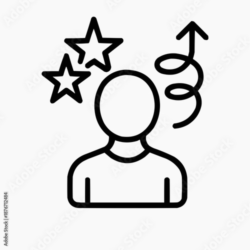 Line icon of a person with layered stars and upward spiral — transformative impact, black on white, square minimalist style