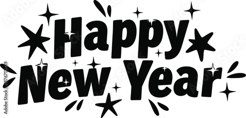 Vector Illustration of Happy New Year Typography: Sparkling Black Text on Dark Background, Festive Holiday Greeting, Celebration, Party, Elegant Design, Vector Illustration