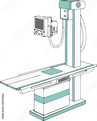 Detailed 3D isometric view of a hospital operating room with X-ray machine, displayed isolated with no background for modern healthcare visuals.