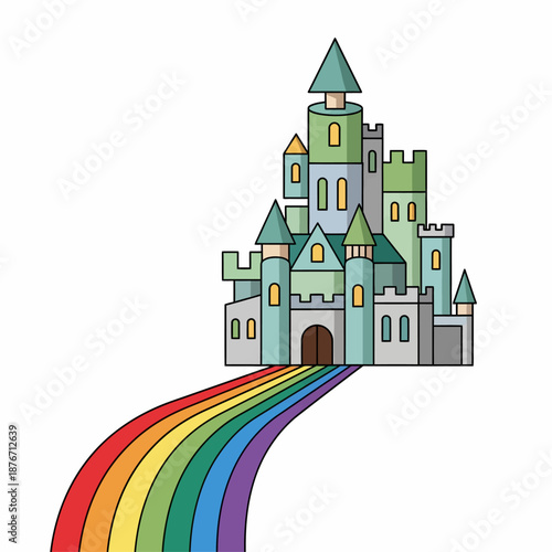 Whimsical cartoon castle with a vibrant rainbow path leading to its entrance, featuring multiple towers and turrets in a playful design.