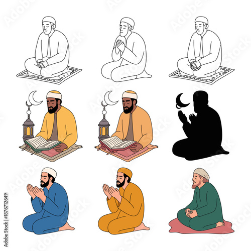Islamic Prayer Set: A collection of illustrations depicting a devout man in various poses, emphasizing the spiritual aspect of Islamic worship and the essence of faith.