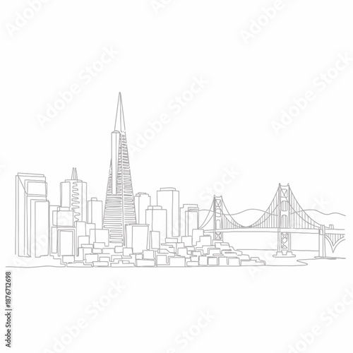 Line art drawing of the San Francisco city skyline featuring the Transamerica Pyramid and Golden Gate Bridge.
