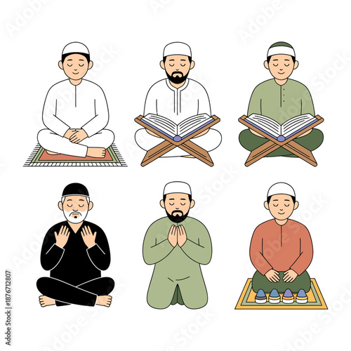 Muslims in Prayer and Study: A serene illustration showcasing a group of muslims engaged in prayer and Quran study, embodying devotion and faith.