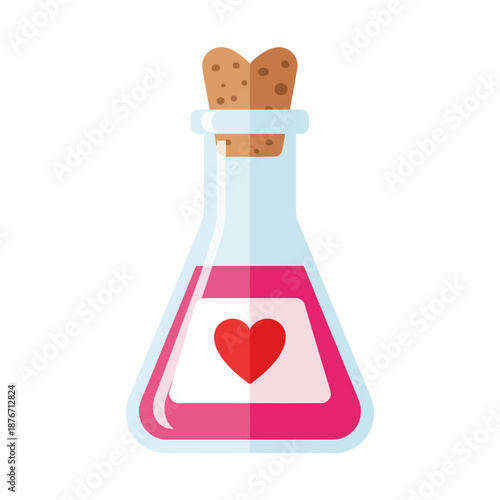 Stylized illustration of a conical flask filled with pink liquid, featuring a red heart label and a cork stopper, symbolizing love or a potion.