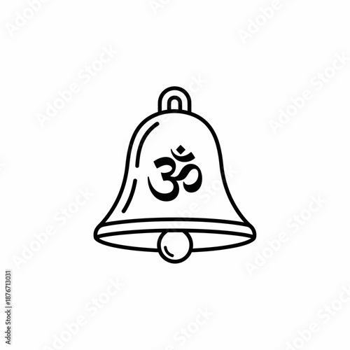 Minimalist line art drawing of a Hindu temple bell with the sacred Om symbol depicted on its surface, isolated on a white background.