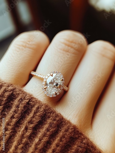 Elegant Oval Diamond Engagement Ring on Female Hand with Warm Natural Light