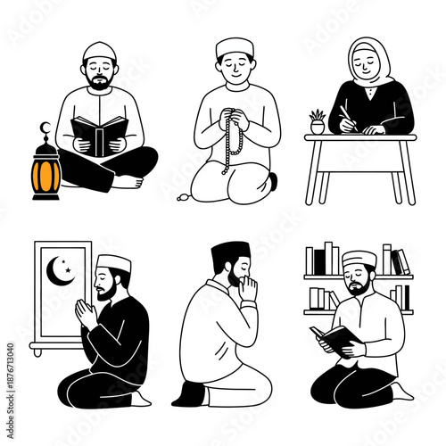 Muslims in Contemplation: Capturing moments of deep reflection and devotion, the image showcases Muslim figures engaged in various acts of prayer, study, and contemplation.