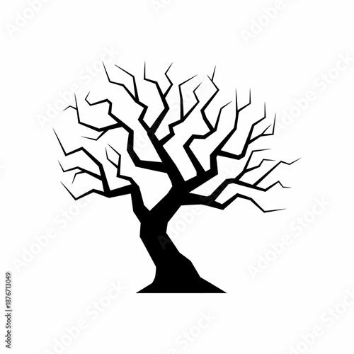 A stark black silhouette of a gnarled, leafless tree with twisted branches against a white background, evoking a spooky or wintery atmosphere.