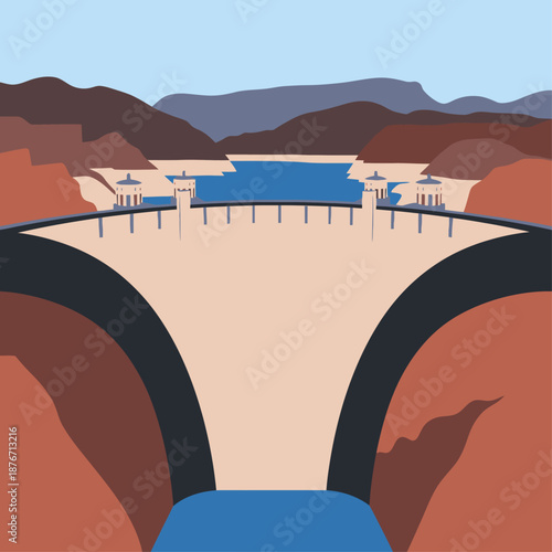 A flat illustration of a large concrete dam holding back a blue reservoir in a mountainous, arid landscape, with water flowing downstream.