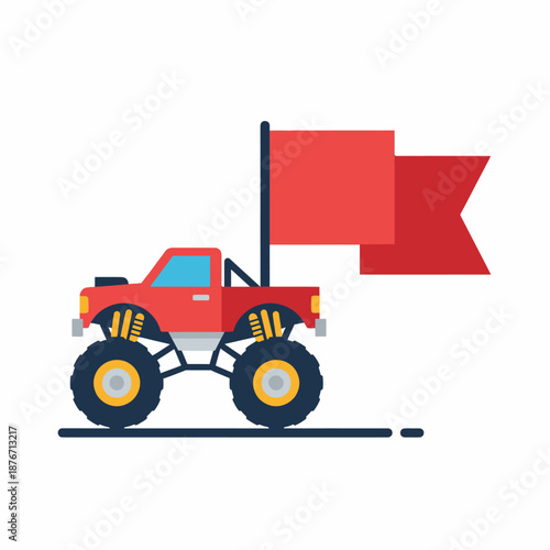 Detailed flat vector illustration of a red monster truck with large wheels carrying a big red flag.