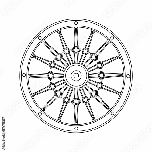 Detailed line art drawing of a vintage spoked wheel with a decorative hub and intricate spoke design, featuring an outer rim with circular accents.