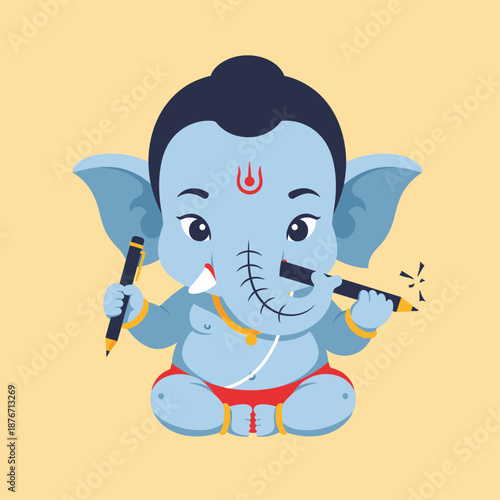 Charming cartoon illustration of baby Ganesha, the elephant-headed god, holding a pen in his hand and a broken pen in his trunk, on a simple background.