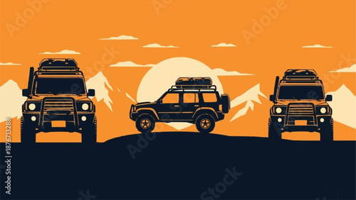 Three off road vehicles parked on a hill at sunset.