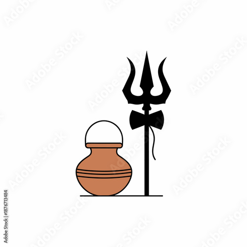 Hindu religious symbols featuring a traditional brown pot (kalash) and a black trident (trishul) on a white background, representing devotion.