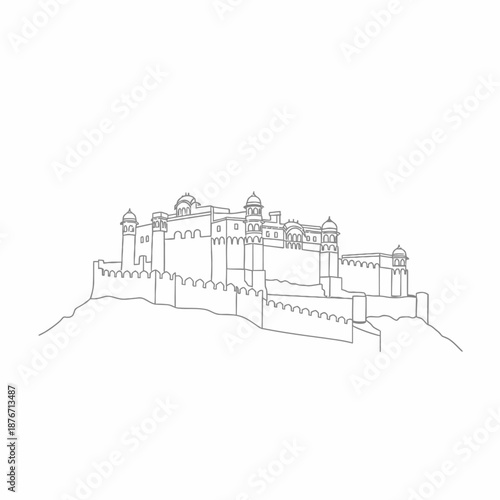 A detailed line art illustration of a majestic historical fort or palace complex situated on a hill, showcasing traditional architecture.