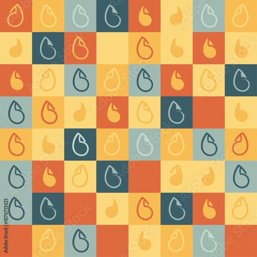 A vibrant, abstract seamless pattern featuring stylized teardrop or flame shapes arranged in a grid of warm, earthy colored squares, creating a retro and playful design.