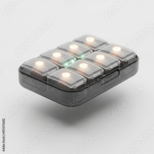 Compact Black Device with Nine Illuminated Square Buttons on a White Background.