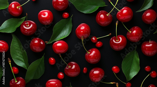 Vibrant cherries with green leaves on black background