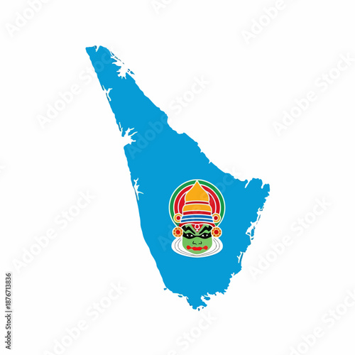 Map of Kerala state in India with a traditional Kathakali dancer's face emblem inside, representing the rich culture and heritage of the region.