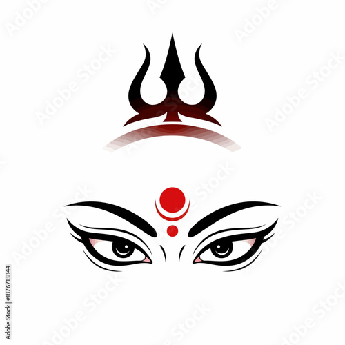 Stylized depiction of Hindu goddess eyes with a red bindi and a black trident symbol above, representing divine power and spirituality.