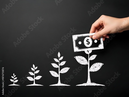 Hand placing dollar bill on growing plant illustration on black background money growth