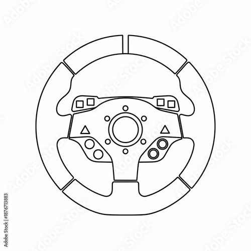Line art illustration of a modern racing steering wheel with multiple buttons and ergonomic grips for gaming or simulation.