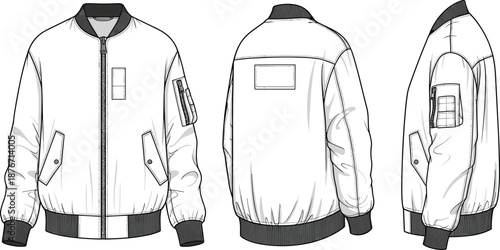 Bomber jacket technical drawing with front, back and side views, ribbed collar and cuffs, CAD flat vector illustration, fashion apparel design template