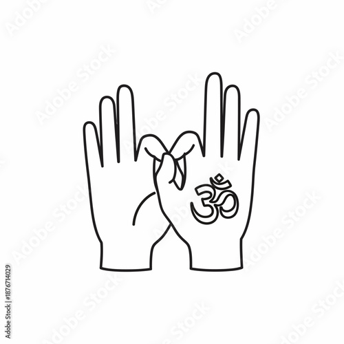 Line art illustration of two hands performing a spiritual mudra with the Om symbol on one palm, representing yoga and meditation.
