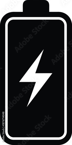 Black battery charging icon silhouette, electric power energy level symbol, mobile phone battery status vector illustration, isolated on white background.