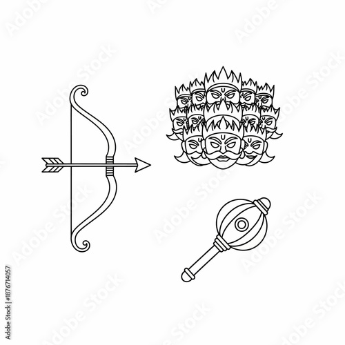 Line art illustration depicting Hindu mythological symbols including a bow and arrow, a mace, and the ten-headed demon king Ravana, representing the epic Ramayana and Dussehra festival.