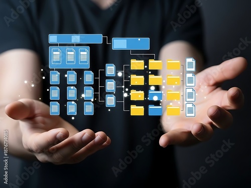 Hands holding digital flowchart of documents and yellow folders data organization