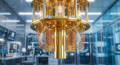 Golden quantum computer processor chandelier in laboratory for physics research