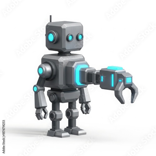 Cute Cartoon Robot with Mechanical Arm and Glowing Blue Lights.