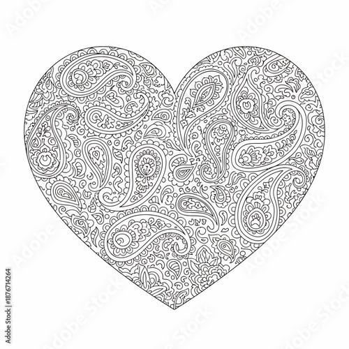 Intricate black and white line art drawing of a heart shape filled with detailed paisley patterns, suitable for adult coloring books.