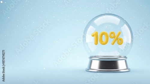 Holiday sale 10% discount in a Festive decoration winter christmas snow globe on vibrant blue background with sparkling light effects.