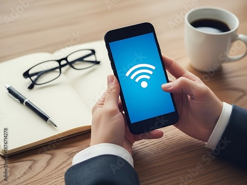 Person holding smartphone with wifi symbol on blue screen next to coffee and notebook mobile phone wireless
