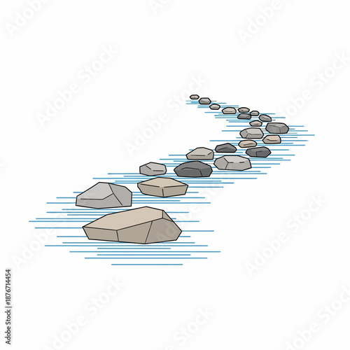 A winding path of grey and brown stepping stones crossing a blue-lined body of water, illustrated on a white background.