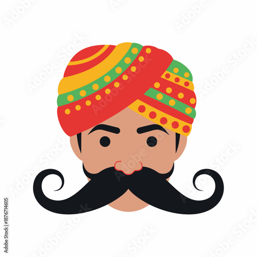 Illustration of a man's face wearing a vibrant red, yellow, and green turban with a prominent black handlebar mustache.